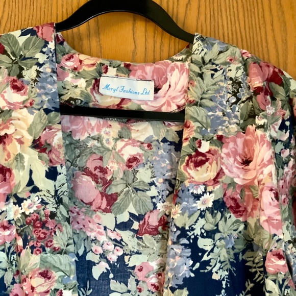 VINTAGE MERYL FASHIONS LTD FLORAL OPEN FRONT CUFFED 3/4 SLEEVE BLAZER JACKET 10 - Picture 3 of 5